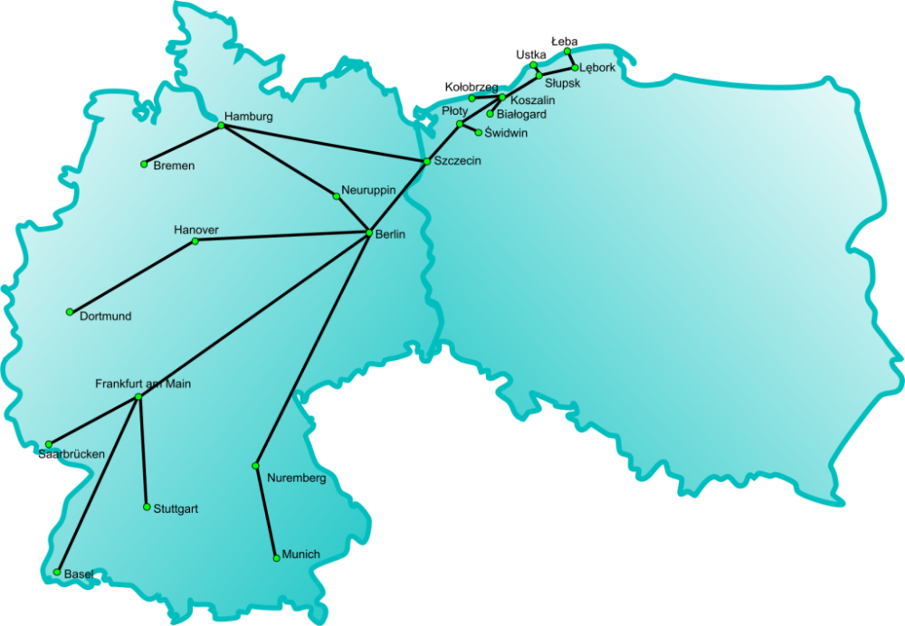 grafika poglądowej mapy tras busów do Niemiec